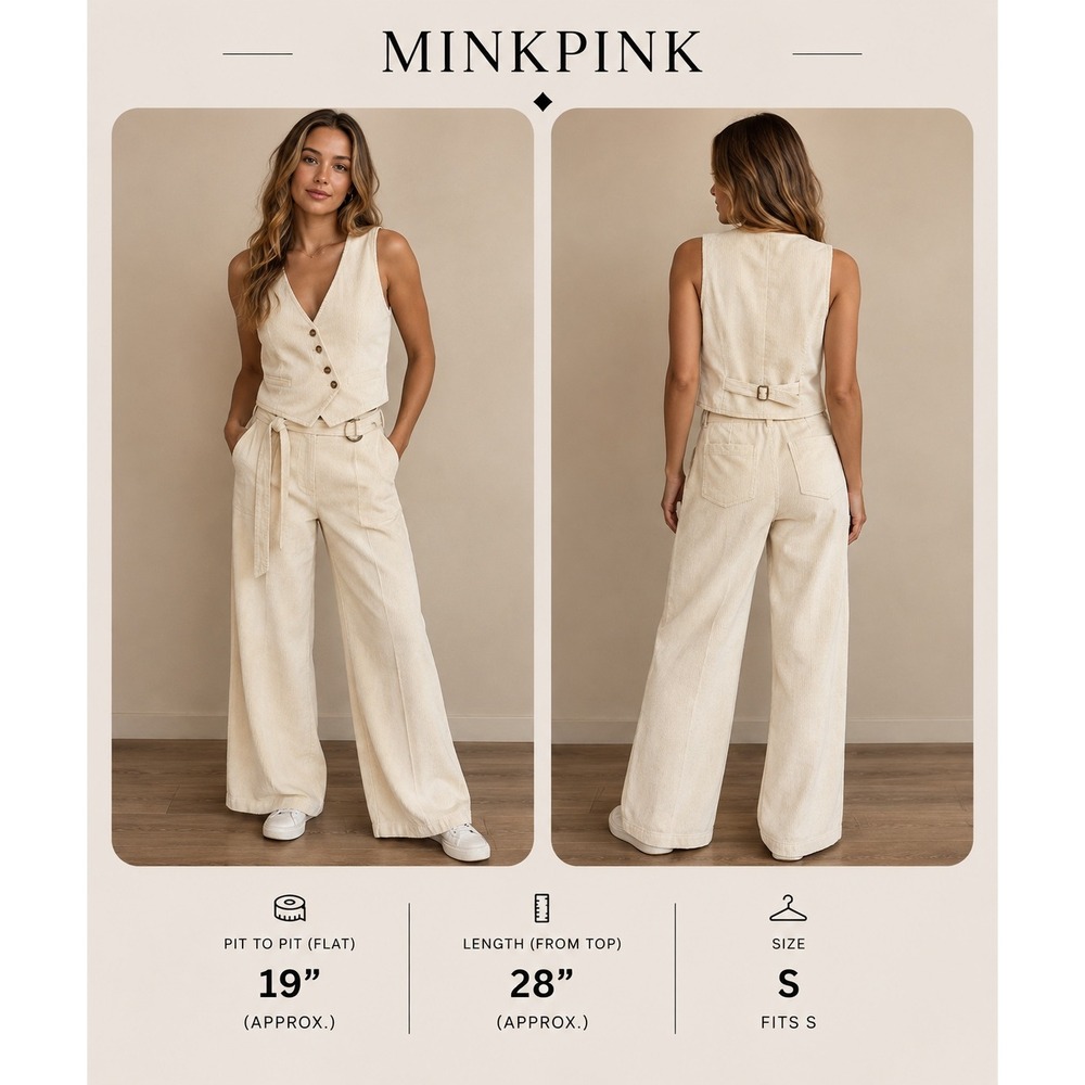 Minkpink Cream Corduroy 2 Piece Set Vest and Wide Leg Pants Small Beige Boho